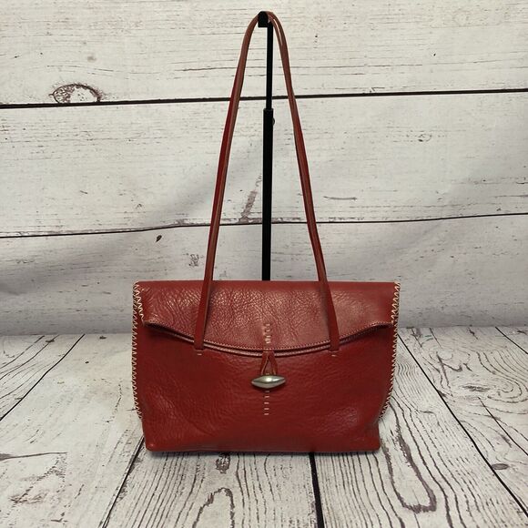 Ellington Red Leather Shoulder Bag Whipstitch Trim Button Closure‎ - Picture 1 of 15